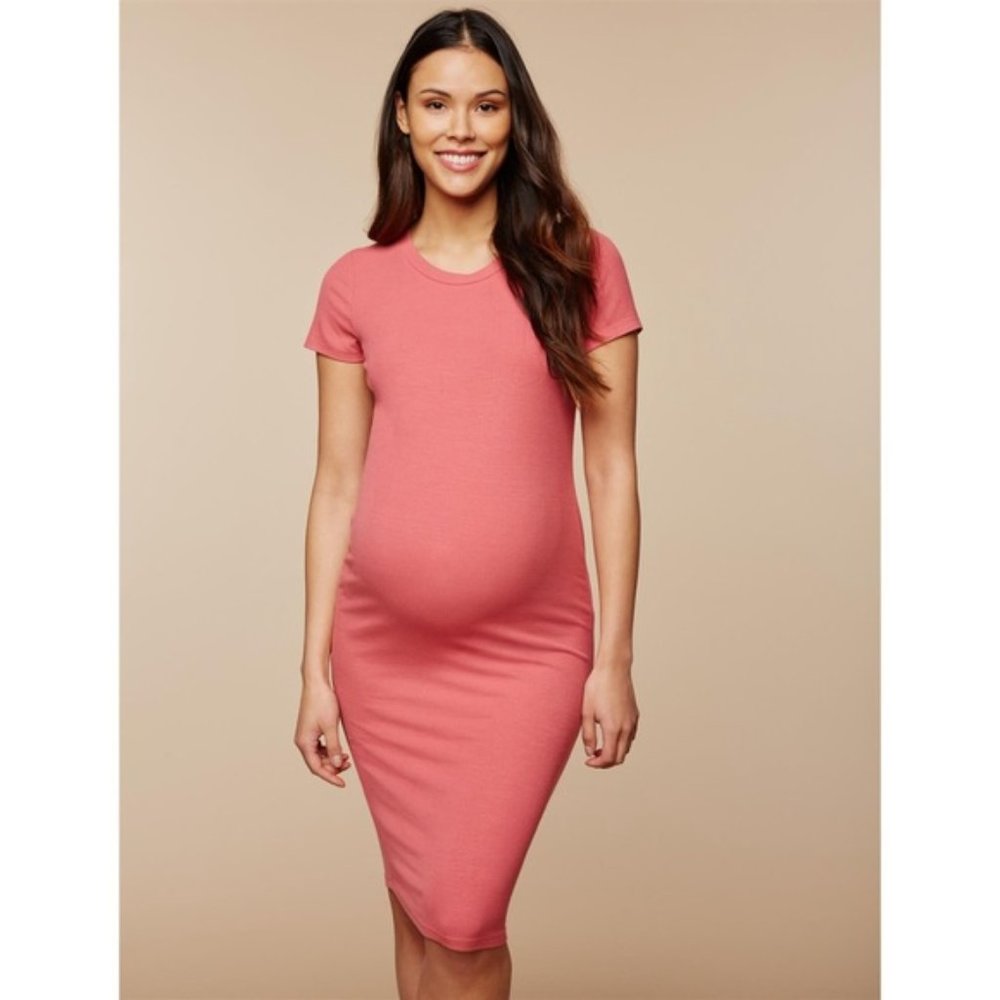 Motherhood Maternity Coral Short Sleeve Rib Bodycon Tee Shirt Dress